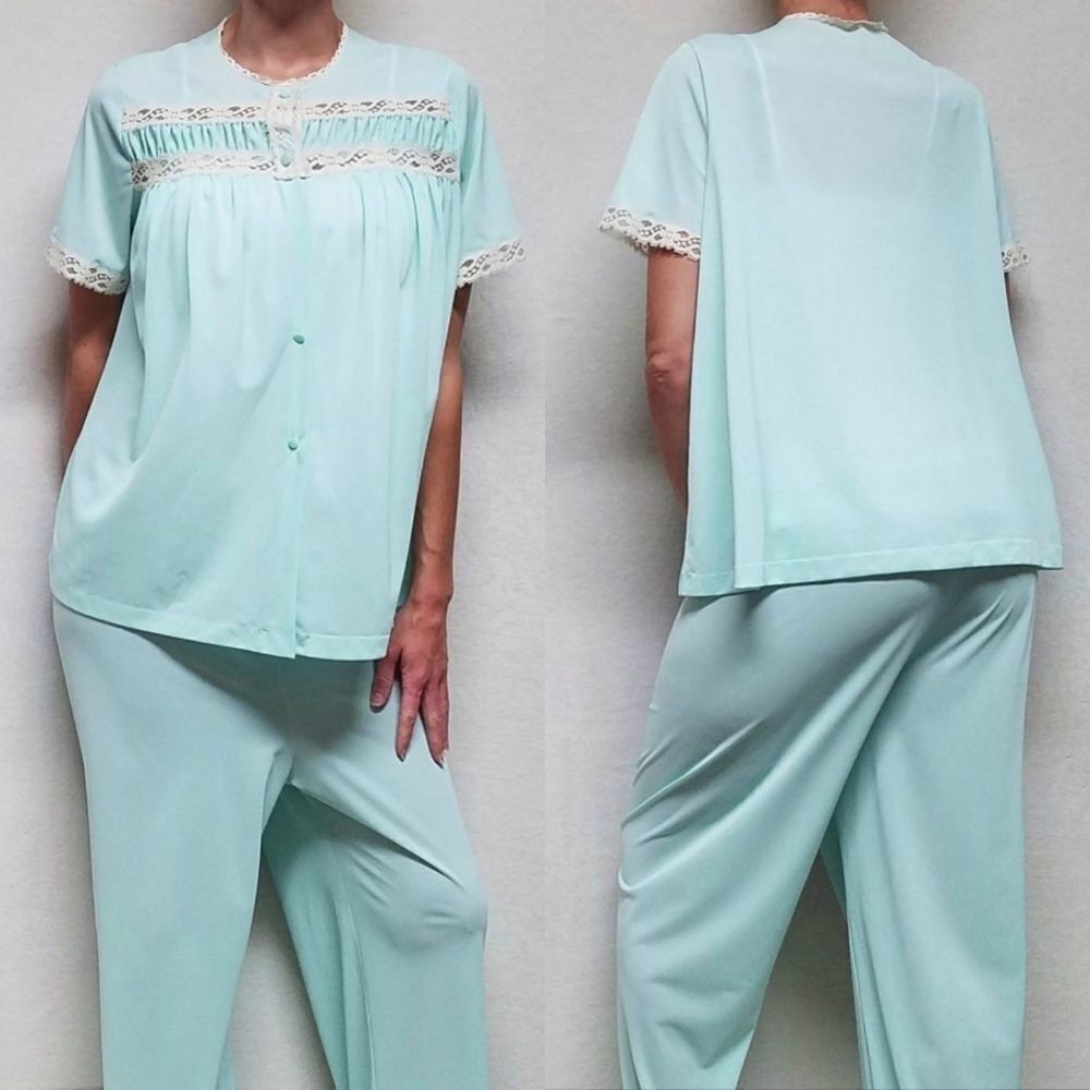 VINTAGE 50s Merville ILGWU Aqua Lace Pajama Set